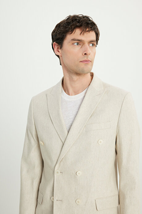 Keten Slim Fit Dar Kesim Kırlangıç Yaka Desenli Torba Cepli Kruvaze Bej Takım Elbise resmi