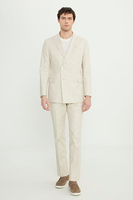 Keten Slim Fit Dar Kesim Kırlangıç Yaka Desenli Torba Cepli Kruvaze Bej Takım Elbise resmi