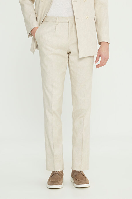 Keten Slim Fit Dar Kesim Kırlangıç Yaka Desenli Torba Cepli Kruvaze Bej Takım Elbise resmi