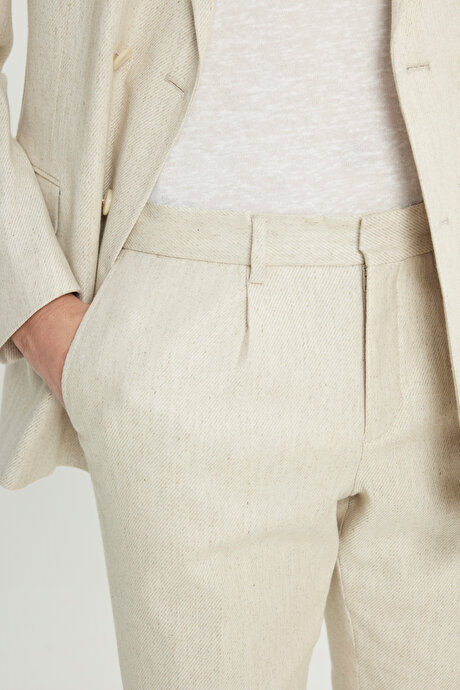 Keten Slim Fit Dar Kesim Kırlangıç Yaka Desenli Torba Cepli Kruvaze Bej Takım Elbise resmi