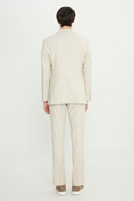 Keten Slim Fit Dar Kesim Kırlangıç Yaka Desenli Torba Cepli Kruvaze Bej Takım Elbise resmi