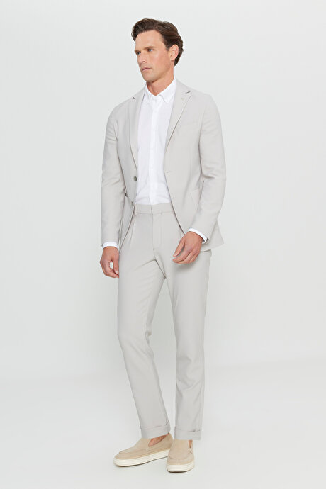 Slim Fit Dar Kesim Mono Yaka Torba Cepli Gofre Desenli Esnek Bej Takım Elbise resmi