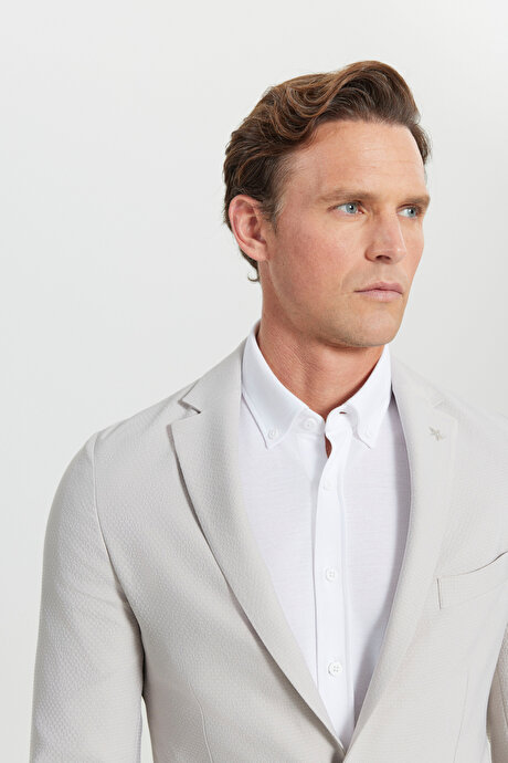 Slim Fit Dar Kesim Mono Yaka Torba Cepli Gofre Desenli Esnek Bej Takım Elbise resmi