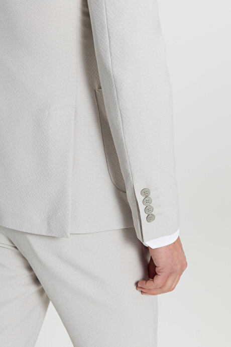 Slim Fit Dar Kesim Mono Yaka Torba Cepli Gofre Desenli Esnek Bej Takım Elbise resmi