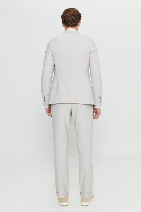 Slim Fit Dar Kesim Mono Yaka Torba Cepli Gofre Desenli Esnek Bej Takım Elbise resmi