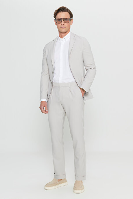 Slim Fit Dar Kesim Mono Yaka Torba Cepli Gofre Desenli Esnek Bej Takım Elbise resmi