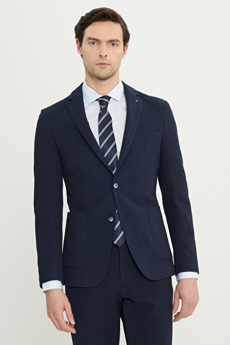 Pamuklu Slim Fit Dar Kesim Mono Yaka Beli Bağlamalı Torba Cepli Esnek Lacivert Takım Elbise resmi