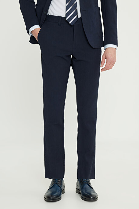 Pamuklu Slim Fit Dar Kesim Mono Yaka Beli Bağlamalı Torba Cepli Esnek Lacivert Takım Elbise resmi