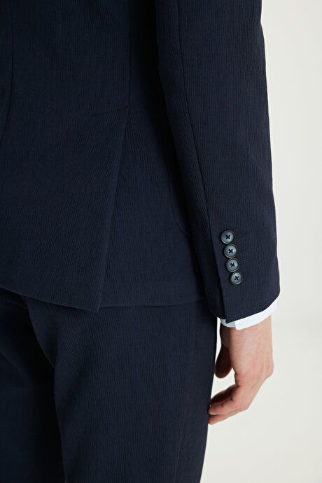 Pamuklu Slim Fit Dar Kesim Mono Yaka Beli Bağlamalı Torba Cepli Esnek Lacivert Takım Elbise resmi