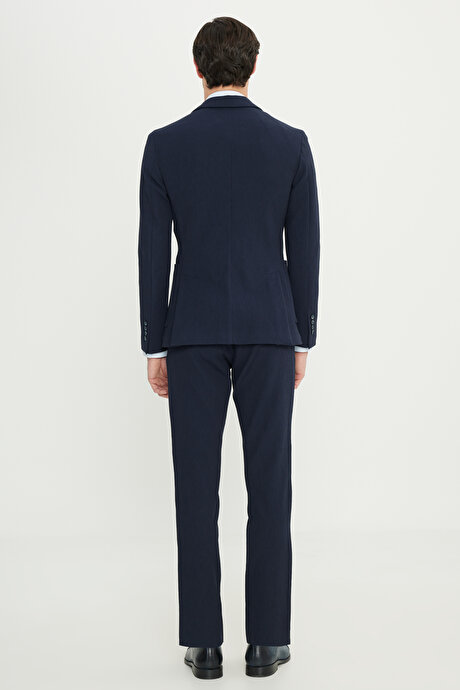 Pamuklu Slim Fit Dar Kesim Mono Yaka Beli Bağlamalı Torba Cepli Esnek Lacivert Takım Elbise resmi