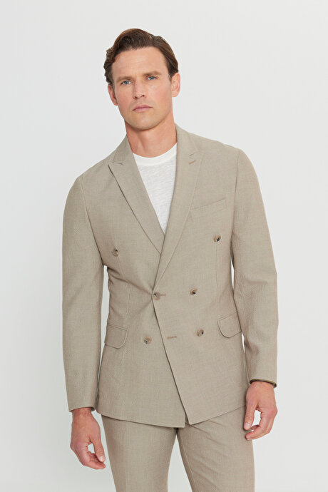 Slim Fit Dar Kesim Kırlangıç Yaka Torba Cepli Esnek Kruvaze Bej Takım Elbise resmi