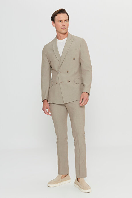 Slim Fit Dar Kesim Kırlangıç Yaka Torba Cepli Esnek Kruvaze Bej Takım Elbise resmi