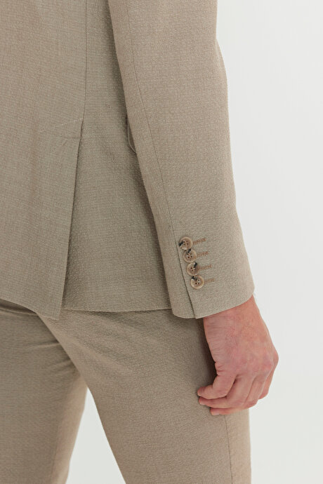 Slim Fit Dar Kesim Kırlangıç Yaka Torba Cepli Esnek Kruvaze Bej Takım Elbise resmi