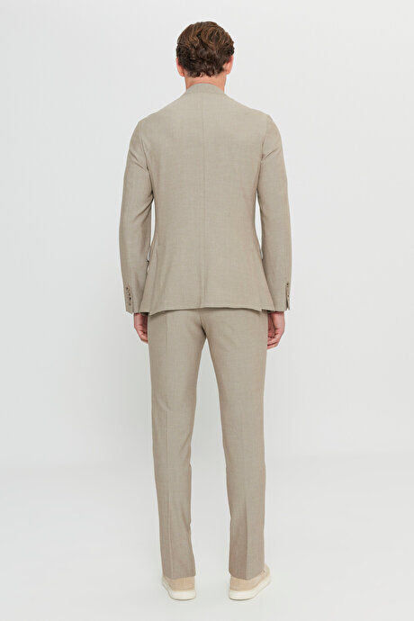 Slim Fit Dar Kesim Kırlangıç Yaka Torba Cepli Esnek Kruvaze Bej Takım Elbise resmi