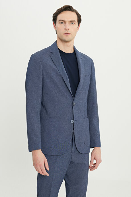 Ekstra Slim Fit Dar Kesim Mono Yaka Çizgili Gofre Desenli Kapak Cepli Lacivert Takım Elbise resmi