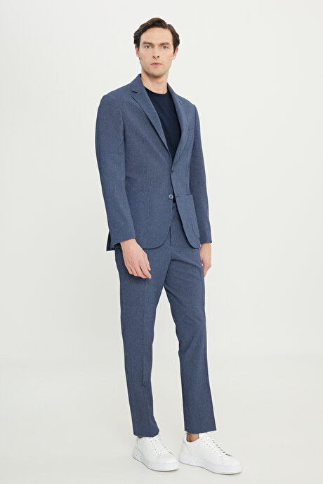 Ekstra Slim Fit Dar Kesim Mono Yaka Çizgili Gofre Desenli Kapak Cepli Lacivert Takım Elbise resmi