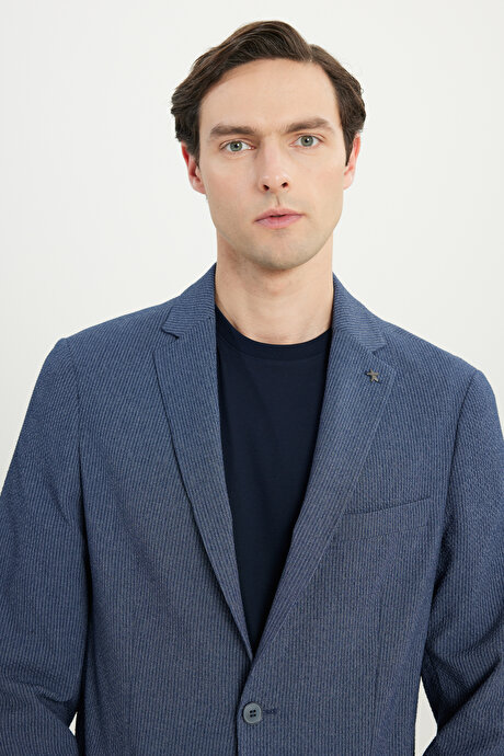 Ekstra Slim Fit Dar Kesim Mono Yaka Çizgili Gofre Desenli Kapak Cepli Lacivert Takım Elbise resmi