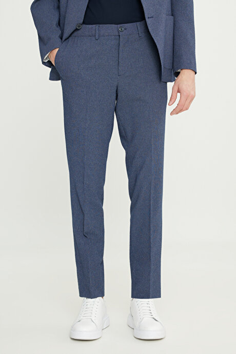 Ekstra Slim Fit Dar Kesim Mono Yaka Çizgili Gofre Desenli Kapak Cepli Lacivert Takım Elbise resmi