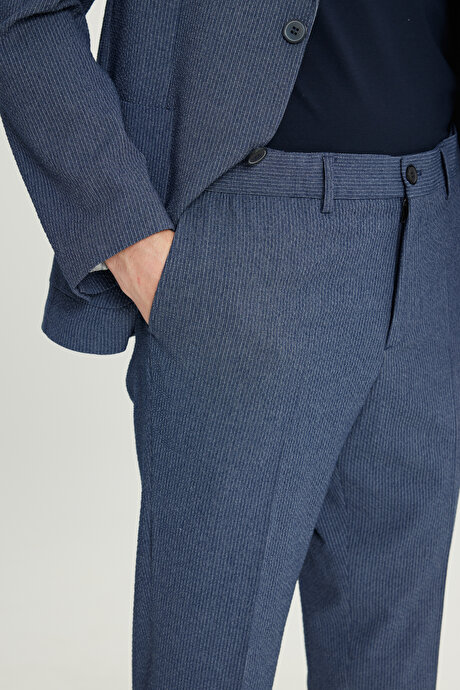 Ekstra Slim Fit Dar Kesim Mono Yaka Çizgili Gofre Desenli Kapak Cepli Lacivert Takım Elbise resmi