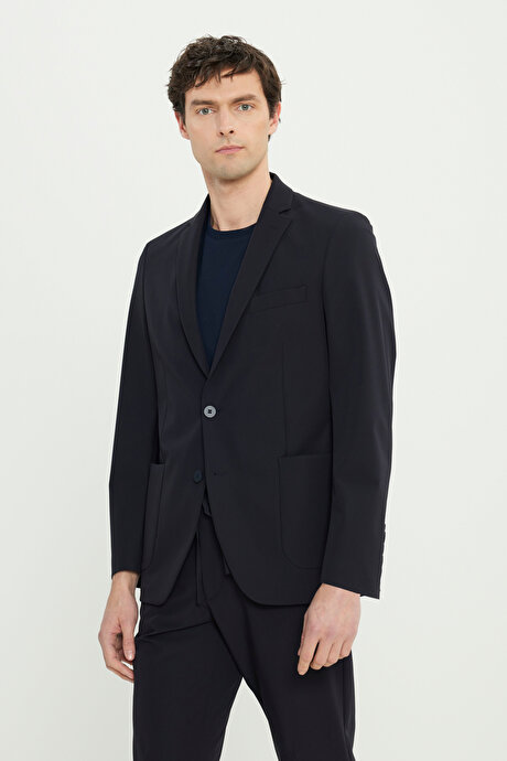 Slim Fit Dar Kesim Kırlangıç Yaka Torba Cepli Esnek Lacivert Takım Elbise resmi