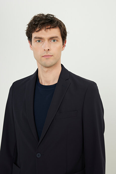 Slim Fit Dar Kesim Kırlangıç Yaka Torba Cepli Esnek Lacivert Takım Elbise resmi