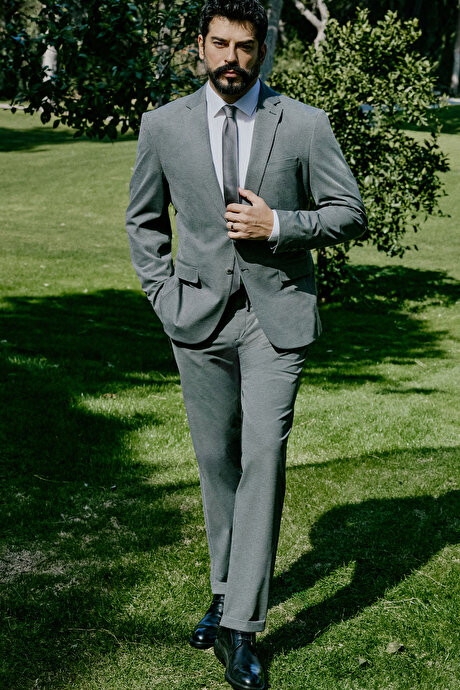 Slim Fit Dar Kesim Mono Yaka Kapak Cepli Esnek Gri Melanj Takım Elbise resmi