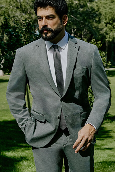 Slim Fit Dar Kesim Mono Yaka Kapak Cepli Esnek Gri Melanj Takım Elbise resmi