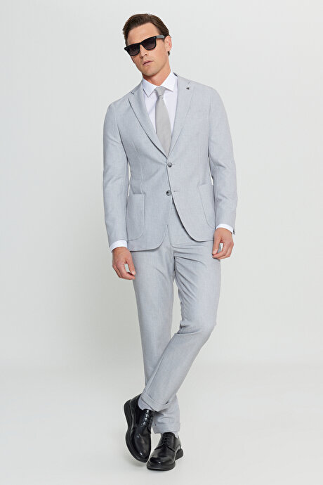 Taşıma Torbalı Slim Fit Dar Kesim Kırlangıç Yaka Beli Bağlamalı Gri Takım Elbise resmi