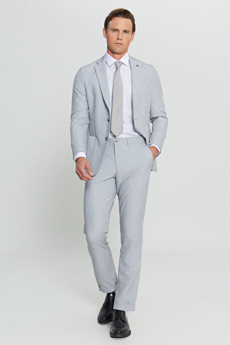 Taşıma Torbalı Slim Fit Dar Kesim Kırlangıç Yaka Beli Bağlamalı Gri Takım Elbise resmi