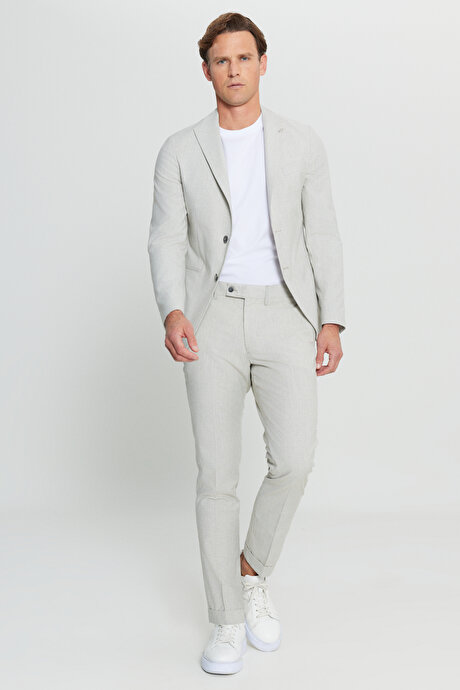 Slim Fit Dar Kesim Kırlangıç Yaka Fleto Cepli Çizgili Esnek Gri-Beyaz Takım Elbise resmi