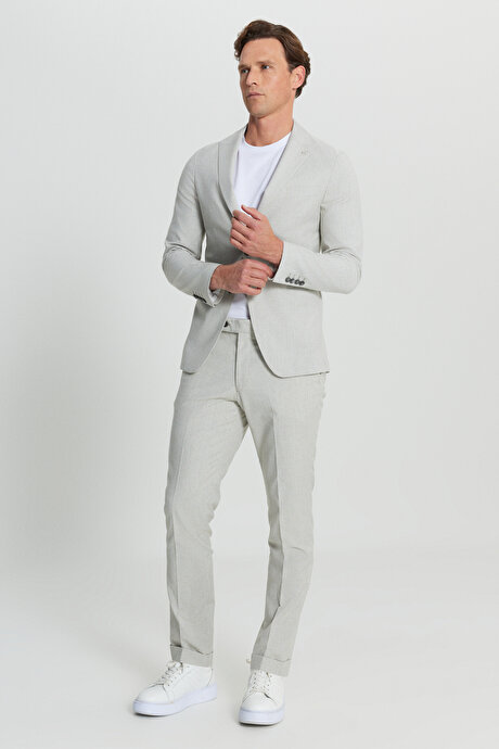 Slim Fit Dar Kesim Kırlangıç Yaka Fleto Cepli Çizgili Esnek Gri-Beyaz Takım Elbise resmi