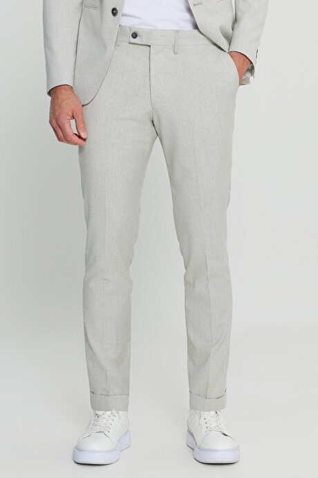 Slim Fit Dar Kesim Kırlangıç Yaka Fleto Cepli Çizgili Esnek Gri-Beyaz Takım Elbise resmi