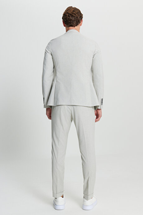 Slim Fit Dar Kesim Kırlangıç Yaka Fleto Cepli Çizgili Esnek Gri-Beyaz Takım Elbise resmi