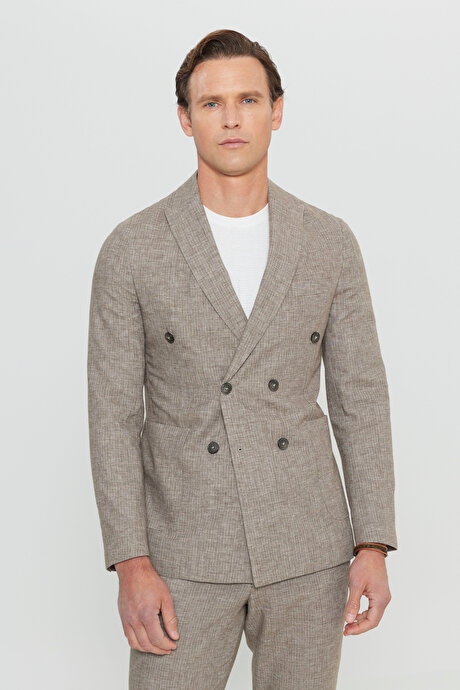 Keten Slim Fit Dar Kesim Kırlangıç Yaka Çizgili Torba Cepli Kruvaze Kahverengi Takım Elbise resmi