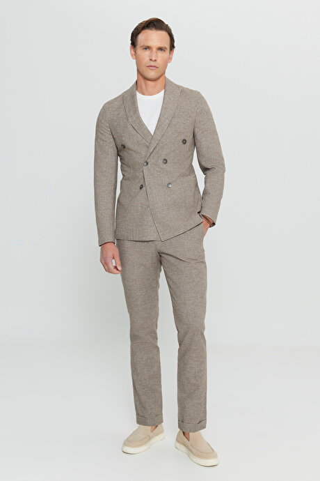 Keten Slim Fit Dar Kesim Kırlangıç Yaka Çizgili Torba Cepli Kruvaze Kahverengi Takım Elbise resmi