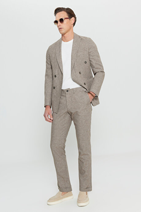 Keten Slim Fit Dar Kesim Kırlangıç Yaka Çizgili Torba Cepli Kruvaze Kahverengi Takım Elbise resmi