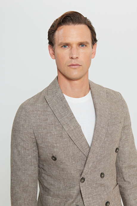 Keten Slim Fit Dar Kesim Kırlangıç Yaka Çizgili Torba Cepli Kruvaze Kahverengi Takım Elbise resmi