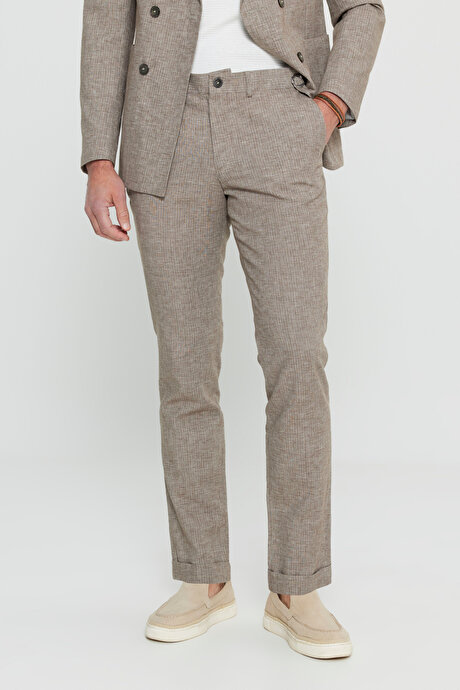 Keten Slim Fit Dar Kesim Kırlangıç Yaka Çizgili Torba Cepli Kruvaze Kahverengi Takım Elbise resmi