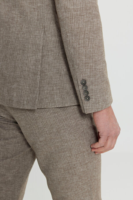 Keten Slim Fit Dar Kesim Kırlangıç Yaka Çizgili Torba Cepli Kruvaze Kahverengi Takım Elbise resmi