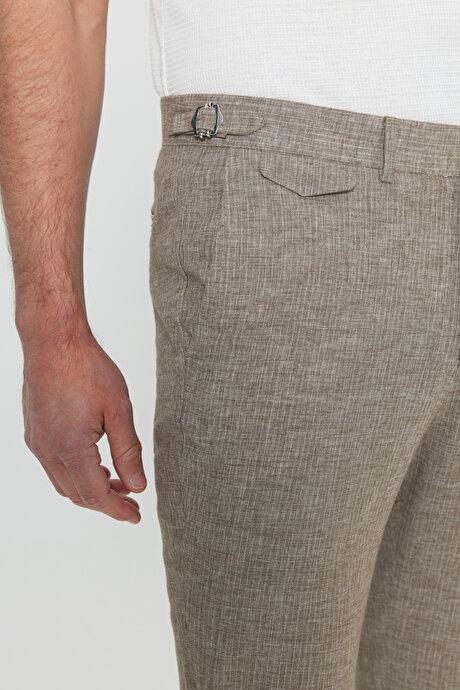 Keten Slim Fit Dar Kesim Kırlangıç Yaka Çizgili Torba Cepli Kruvaze Kahverengi Takım Elbise resmi