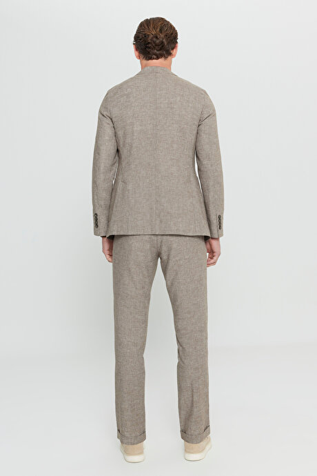 Keten Slim Fit Dar Kesim Kırlangıç Yaka Çizgili Torba Cepli Kruvaze Kahverengi Takım Elbise resmi