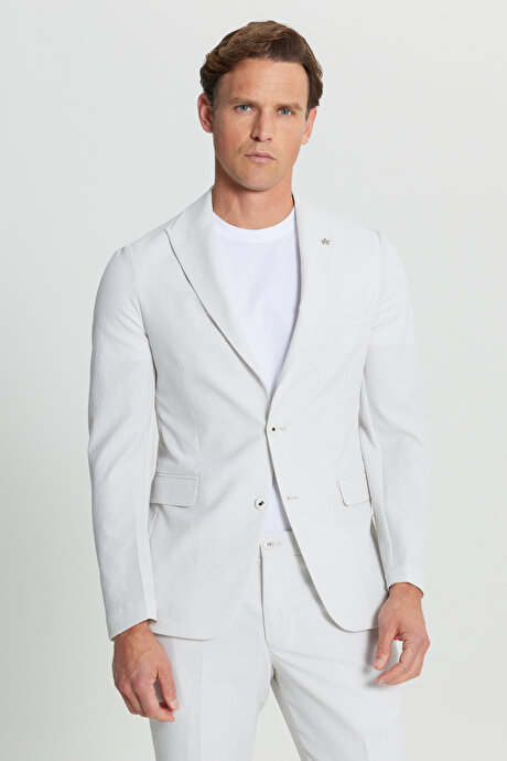 Slim Fit Dar Kesim Çizgili Gofre Desenli Kapak Cepli Esnek Ekru Takım Elbise resmi