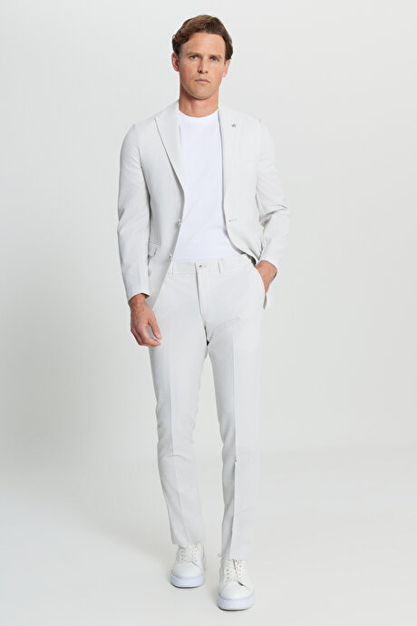 Slim Fit Dar Kesim Çizgili Gofre Desenli Kapak Cepli Esnek Ekru Takım Elbise resmi