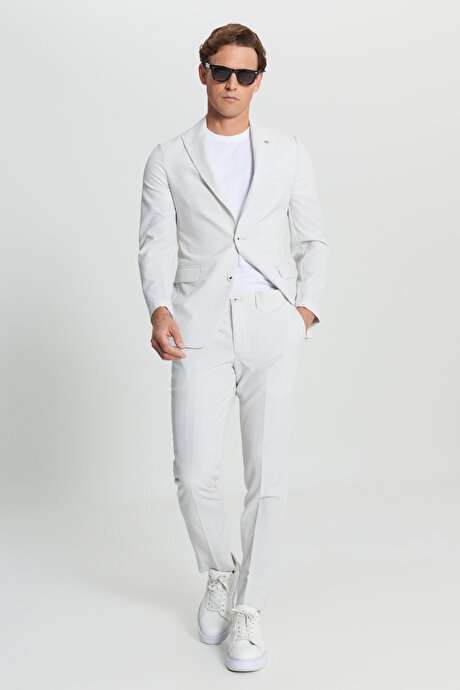 Slim Fit Dar Kesim Çizgili Gofre Desenli Kapak Cepli Esnek Ekru Takım Elbise resmi