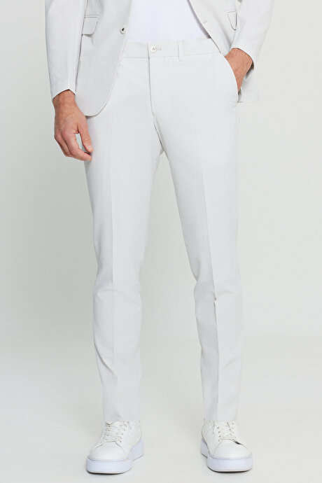 Slim Fit Dar Kesim Çizgili Gofre Desenli Kapak Cepli Esnek Ekru Takım Elbise resmi