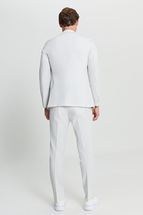 Slim Fit Dar Kesim Çizgili Gofre Desenli Kapak Cepli Esnek Ekru Takım Elbise resmi