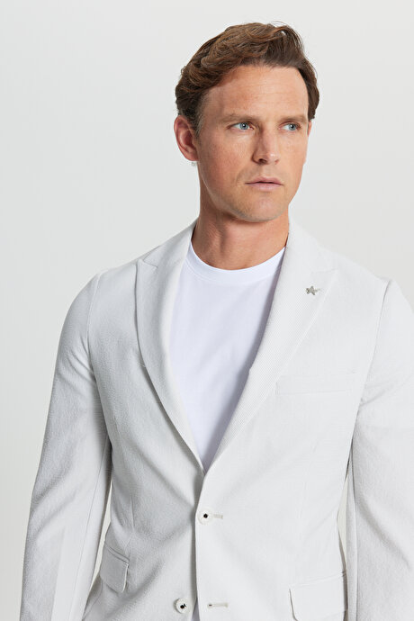 Slim Fit Dar Kesim Çizgili Gofre Desenli Kapak Cepli Esnek Ekru Takım Elbise resmi