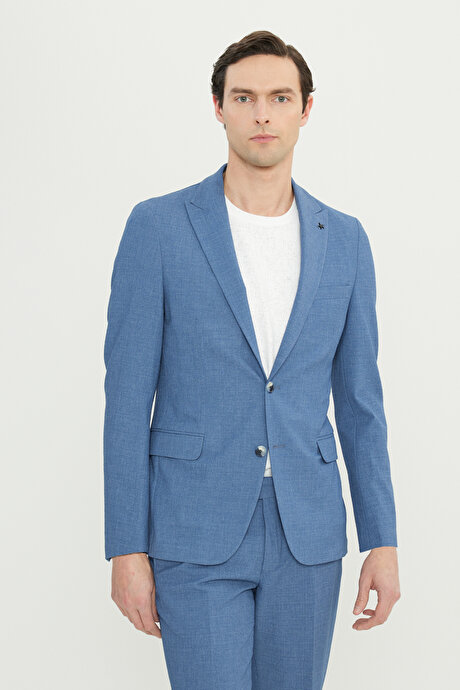 Slim Fit Dar Kesim Kırlangıç Yaka Kapak Cepli Gofre Desenli Koyu Mavi Takım Elbise resmi