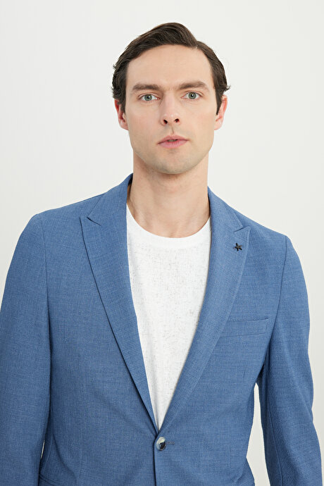 Slim Fit Dar Kesim Kırlangıç Yaka Kapak Cepli Gofre Desenli Koyu Mavi Takım Elbise resmi