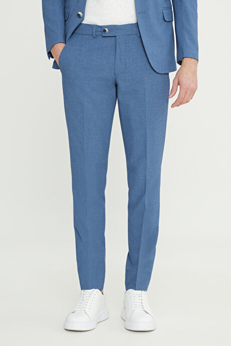 Slim Fit Dar Kesim Kırlangıç Yaka Kapak Cepli Gofre Desenli Koyu Mavi Takım Elbise resmi